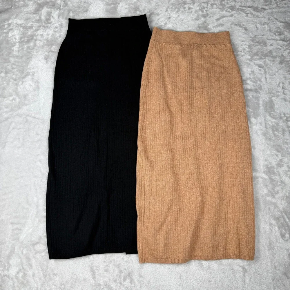Free‎ People Ribbed Knit Midi Skirt Set Black Camel S